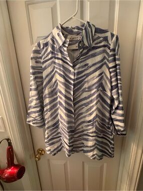 Linen Blue & White Striped Zebra-Print Button-Down Shirt